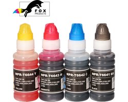 FoxProducts® 4 x 100 ML. T-664 EcoTank geschikt voor Epson ET-14000 ET-2500 ET-2550 ET-2600 ET-2650 ET-4500 L100 L110 L1300 L200 L210 L300 L310 L350 L355 L361 L365 L380 L382 L385 T6641 T6642 T6643 T6644