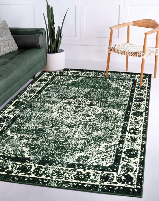 Flycarpets Sarande Vintage Medaillon Vloerkleed - Groen - Laagpolig Tapijt Woonkamer - 240x340 cm