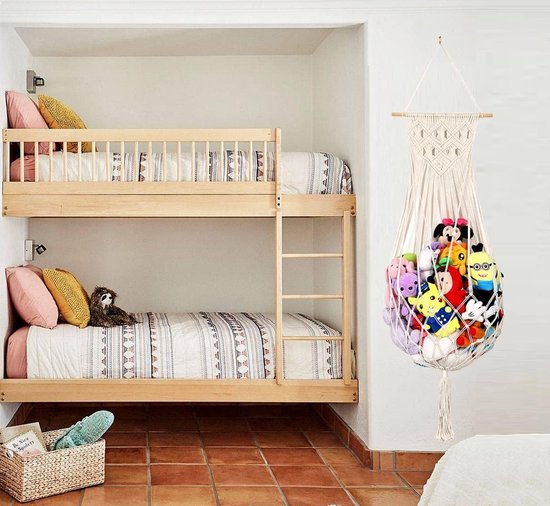 Hangmat voor pluche dieren, 4-laags macramé speelgoedorganizer, opbergnet voor speelgoed, veelzijdig in hoogte verstelbaar wandhangmatnet, pluche opberghouder