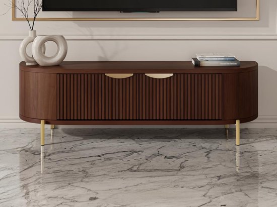 Tv-meubel met 2 deuren van mangohout en metaal - Naturel en goudkleurig - NEVILI L 160 cm x H 45 cm x D 40 cm