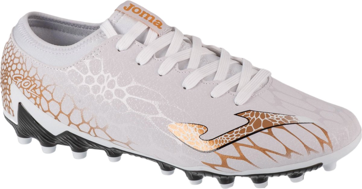 Witte Joma Gol 2402 AG voetbalschoenen voor mannen, maat 44, van synthetisch leder met gouden details en kurken zolen.
