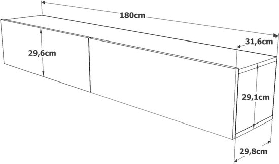 Technische tekening van een zwevend tv-meubel van donker eikenhout, met afmetingen.
