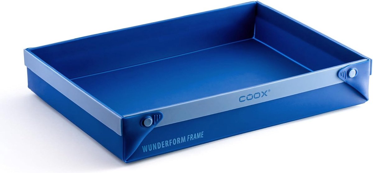 Wunderform Frame LQ in blauw, de eerste opvouwbare bak- en ovenschaal, ruimtebesparende bakvorm van siliconen, BPA-vrij