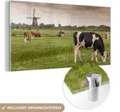 MuchoWow® Glasschilderij 120x60 cm - Schilderij acrylglas - Koeien - Molen - Nederland - Foto op glas - Schilderijen