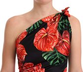Gedrapeerde zwarte glanzende zijde bloemenprint jurk