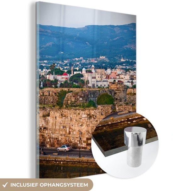 MuchoWow® Glasschilderij 120x160 cm - Schilderij acrylglas - Stadslandschap van het eiland Kos in Griekenland - Foto op glas - Schilderijen
