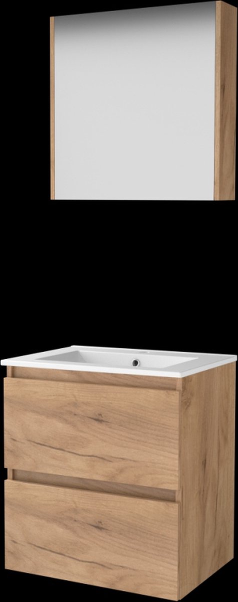 Basic Comfort 46 badmeubelset met spiegelkast, greeploze wastafelonderkast met 2 lades en porseleinen wastafel met 1 kraangat 60 x 46 cm, whisky oak