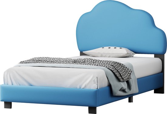 Merax Kinderbed 90x200 - Kunstleer Gestoffeerd Bed voor Kinderen - Wolk Hoofdbord - Blauw