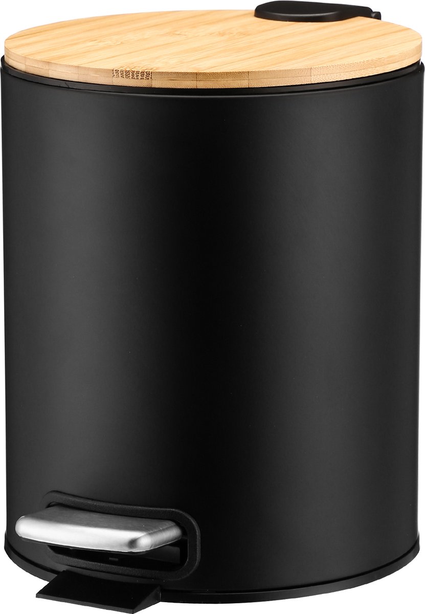 Goedkoopste Behave Mini Prullenbak - Softclose - Afvalemmer - Pedaalemmer - Badkamer - 952 g - 20 x 20 x 25 cm - 5 L - Zwart - Bamboe deksel