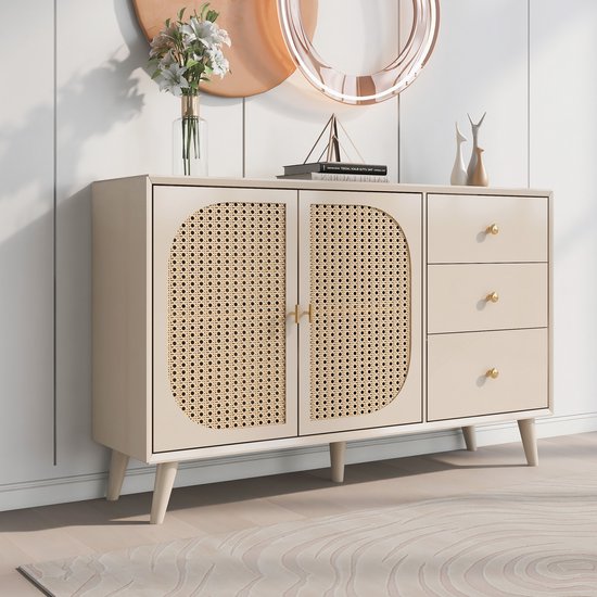 Sweiko Woonkamer ladekast, opbergkast, zijpaneel, TV tafel, met deuren en lades, met grote opbergruimte, beige, breedte 120 cm