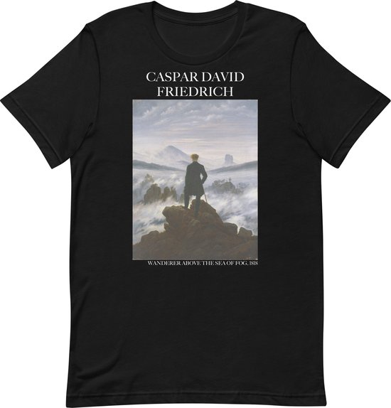 Caspar David Friedrich 'De Wandelaar boven de Nevelzee' ("Wanderer Above the Sea of Fog") Beroemd Schilderij T-Shirt | Unisex Klassiek Kunst T-shirt | Zwart | XL