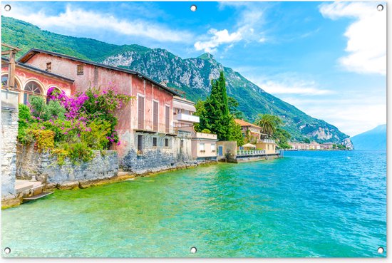 Maisons colorées juste à côté du poster de jardin Turquoise Lake Garda 120x80 cm - Toile de jardin / Toile d'extérieur / Peintures pour l'extérieur (décoration de jardin)