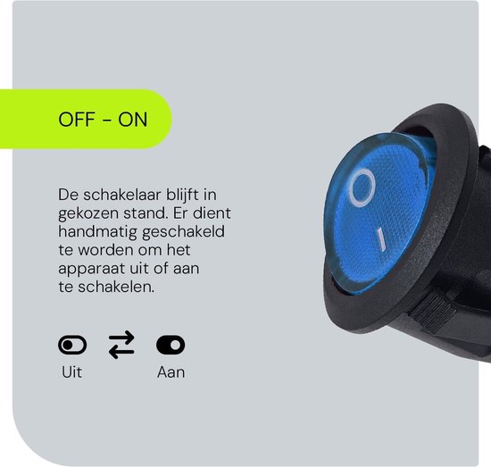 Blauwe wipschakelaar met 'O' en 'I' symbolen. Tekst "OFF - ON" en "De schakelaar blijft in gekozen stand. Er dient handmatig geschakeld te worden om het apparaat uit of aan te schakelen."