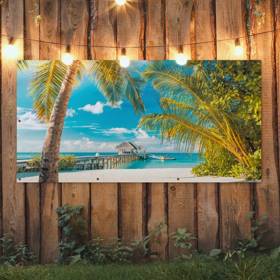 Affiche pour clôture Plage - Palmier - Mer - 200x100 cm - Toile de jardin