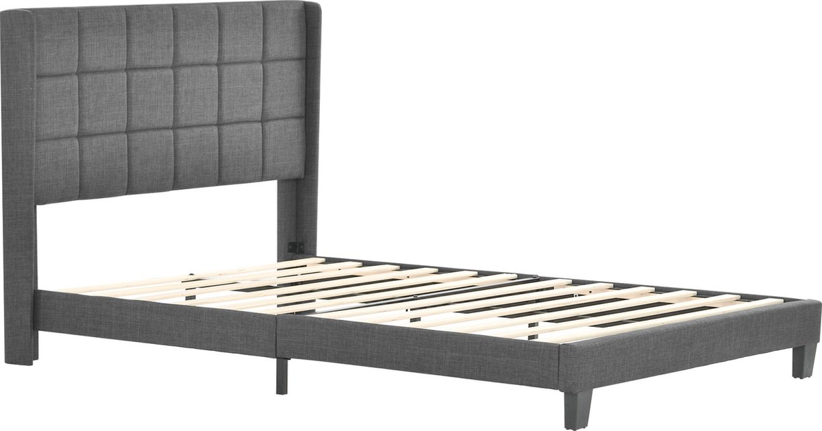 Merax Gestoffeerd Bed 140x200 cm met Verstelbaar Hoofdbord en Federkernmatras - Grijs Linnen - met Lattenbodem en Zwarte Poten