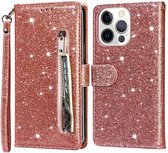 Glitter Bookcase Hoesje Geschikt voor: iPhone 15 Pro met rits - hoesje - portemonneehoesje - Rosé Goud - ZT Accessoires
