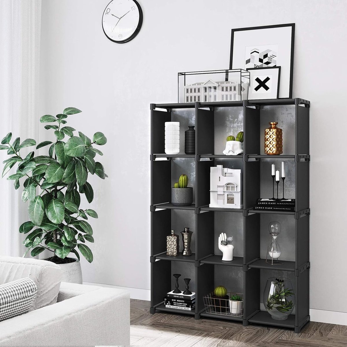 Cube Storage, 12-Kubus Boekenkast, DIY Closet Organiser, Opbergrek in Woonkamer, Kinderkamer, Badkamer, 105 x 30 x 140 cm, Inclusief Rubber Mallet, Zwart LSN12BK