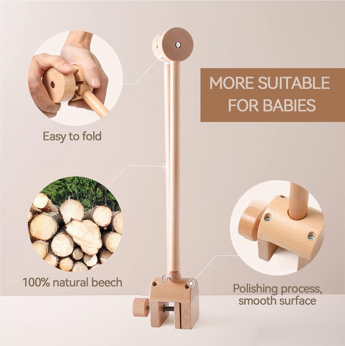 Support Mobile Bébé En Bois Réglable - Pour Lit, Table à Langer, Rotation 360°, Naturel Et Sûr - 3
