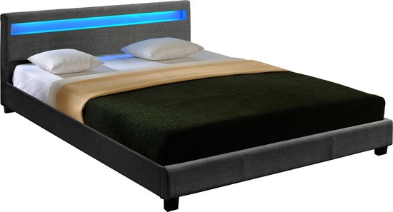 In And OutdoorMatch Houten Bed Skylar - Stof - LED verlichting Bedbodem - 180x200 - Donkergrijs - Modern Design