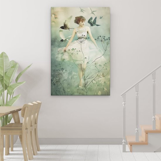Tableau Artaza : Femme en robe Witte entourée Vogels – 80 x 120 cm – Groot – Photo sur toile – Impression sur toile