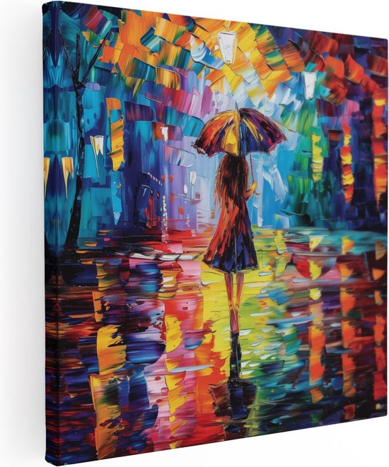 Abstract schilderij van een vrouw met een paraplu in de regen op een kleurrijke straat met reflecties.