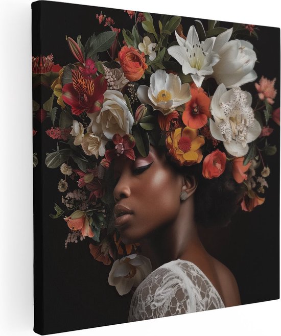 Artaza Canvas Schilderij Zwarte Vrouw met Bloemen op haar Hoofd - Foto Op Canvas - Canvas Print