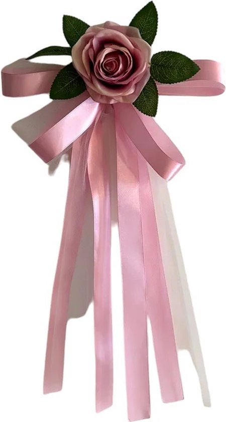 Roze strik met roze kunstbloem en satijnen linten.
