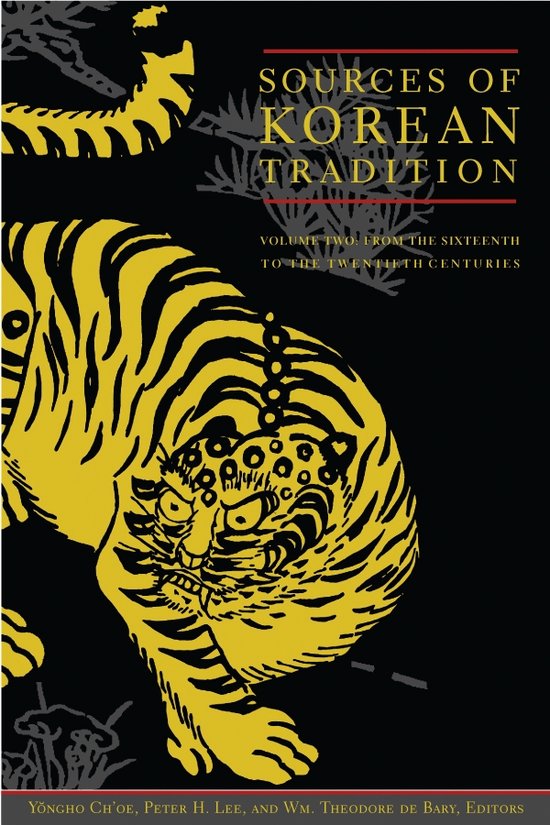 Couverture de livre avec un tigre jaune et le texte 'SOURCES OF KOREAN TRADITION'.