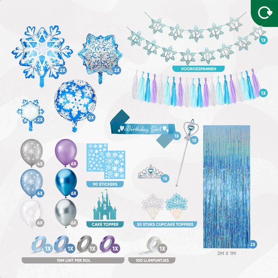 Een compleet Frozen feestpakket met blauwe, witte en paarse ballonnen, slingers, taart decoratie, en meer.