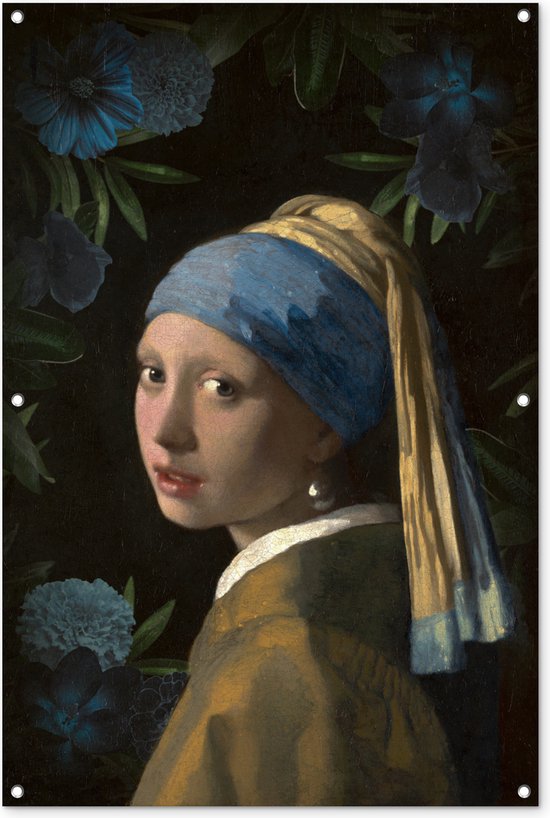 Tuinposter - Tuindoek - Tuinposters buiten - Meisje met de parel - Johannes Vermeer - Bloemen - 80x120 cm - Tuin