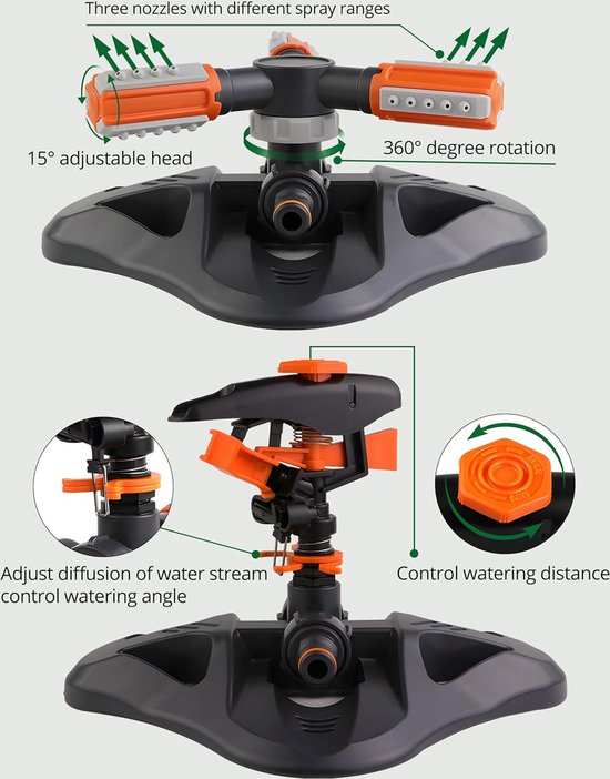 Automatische roterende sproeier, gazonsproeier, tuinsproeier, 3 armen, automatische 360 graden roterende tuinsproeier, voor irrigatiesysteem voor gazon, planten, bloemen, groenten