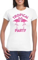 Bellatio Decorations Tropical party T-shirt dames - met glitters - wit/roze - carnaval/themafeest XL
