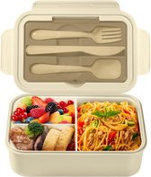 Broodtrommel lunchbox met vakken, bestek voor kinderen en volwassenen, 1400 ml, Bento Box, werk, magnetronbestendig (kaki)