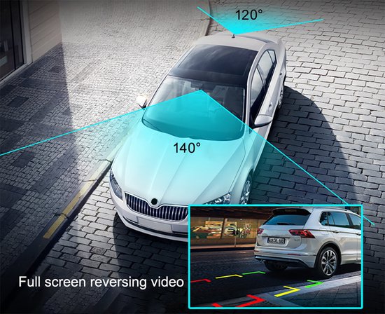 Illustratie van een auto met een breedte van 140 graden voor de dashcam en 120 graden voor de achteruitrijcamera. Inzet toont achteruitrijvideo.