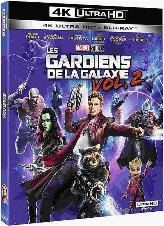 4K Ultra HD Blu-ray hoes van Les Gardiens de la Galaxie Vol. 2, met de hoofdpersonages in actie op een paarse achtergrond.