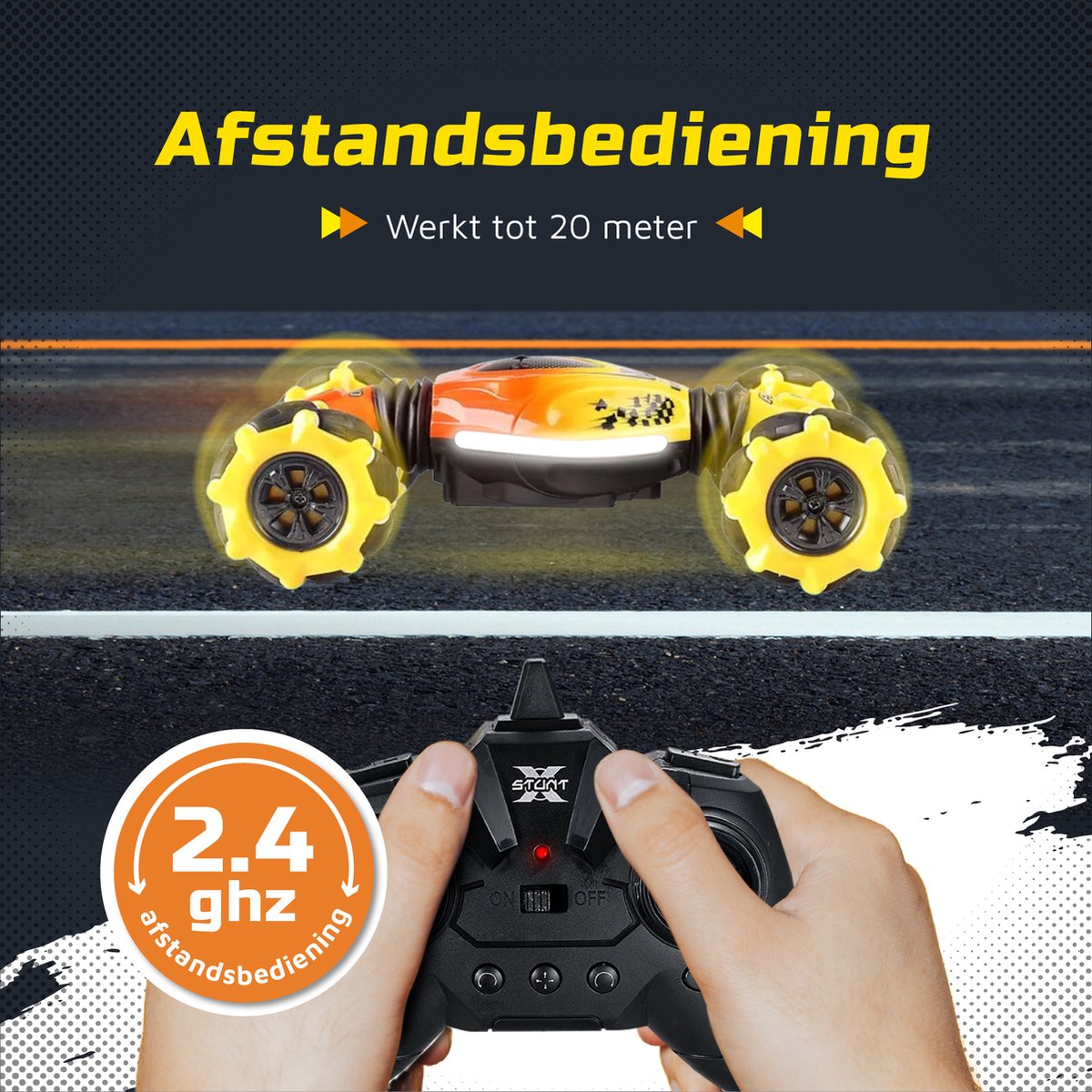 Huntex RC Stunt Car - Inclusief Extra Accu en batterijen - Radiografisch Bestuurbare Auto - Offroad - Transformerende Auto - Volwassenen en Kind - Geel/Oranje - 4wd Twist — afbeelding 8