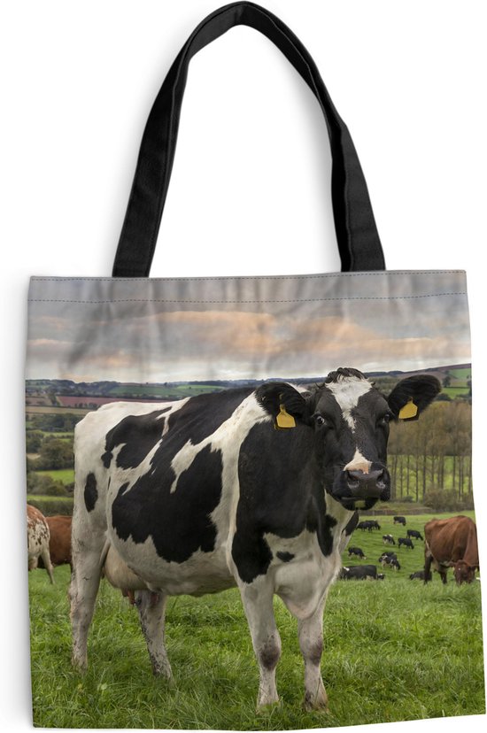 MuchoWow® Schoudertas - Strandtas - Big Shopper - Boodschappentas - Koe - Berg - Gras - Dieren - 40x40 cm - Katoenen tas