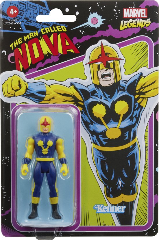 Marvel Legends Nova actiefiguur op retro Kenner verpakking. De afbeelding toont Nova in actie.