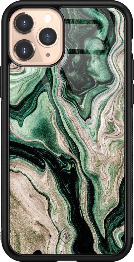 Coque iPhone 11 Pro en verre - Vagues vertes - Vert - Hard Case Zwart - Coque arrière pour téléphone - Water - Casimoda