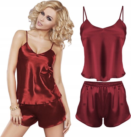 DKaren satijn shortama set - bordeaux rood L