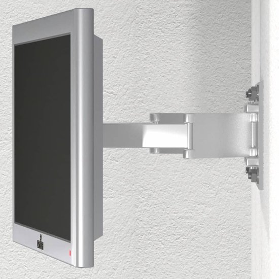 Zilverkleurig TV-armatuur met plat scherm aan een gestucte muur.
