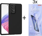 Soft Back Cover Hoesje Geschikt voor: Samsung Galaxy A53 5G Silicone - Zwart + 3X Tempered Glass Screenprotector - ZT Accessoires
