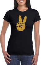 Toppers Zwart Flower Power t-shirt gouden glitter peace hand dames - Sixties/jaren 60 kleding XS