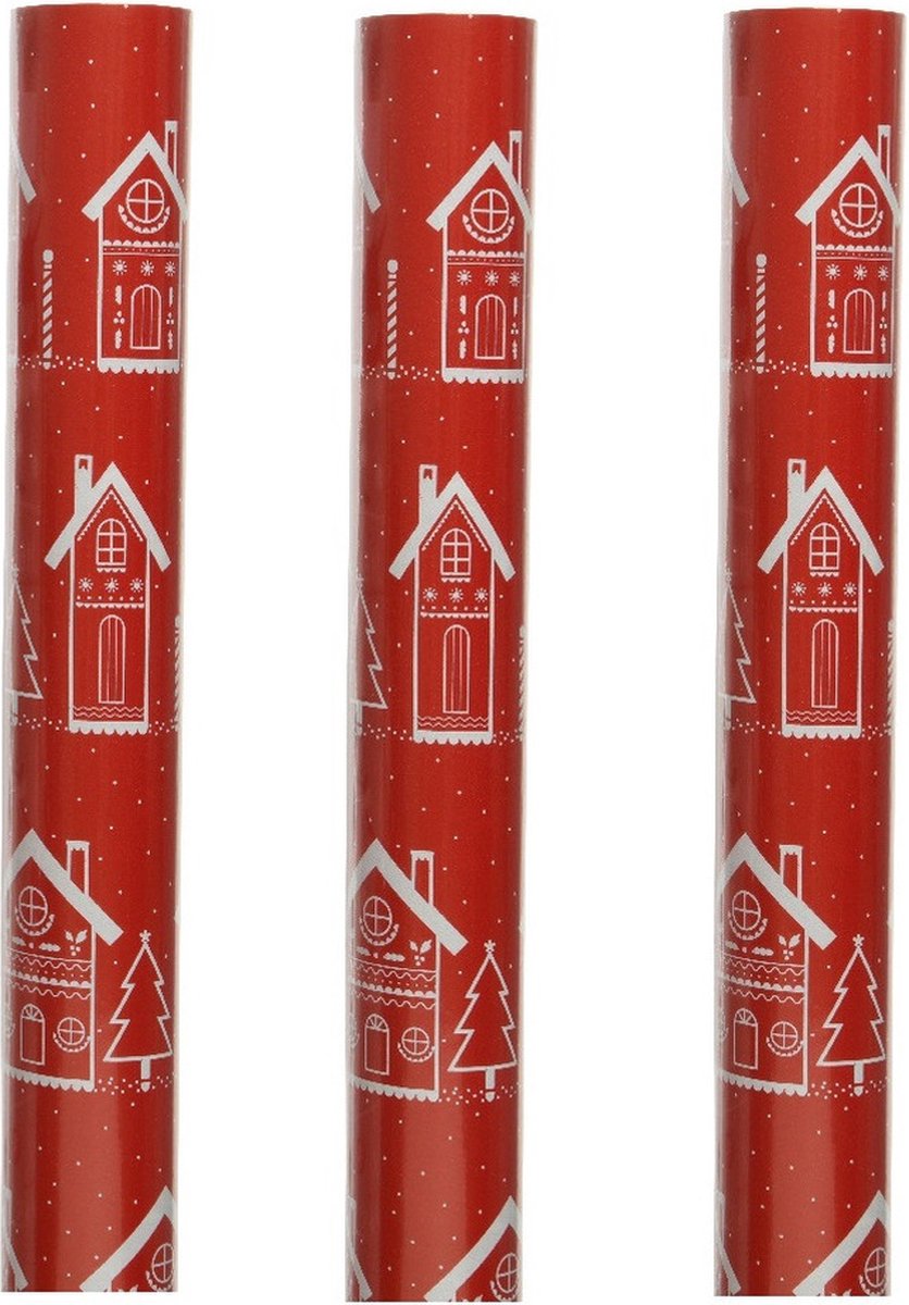 3x rouleaux de papier cadeau/papier cadeau de Noël rouge avec des maisons  200 x 70 cm