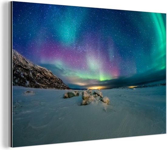 Bevroren fjord met noorderlicht Aluminium 180x120 cm - Foto print op Aluminium (metaal wanddecoratie)