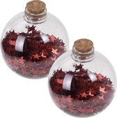 2x Transparante fles kerstballen met rode sterren 8 cm - Onbreekbare kerstballen - Kerstboomversiering rood
