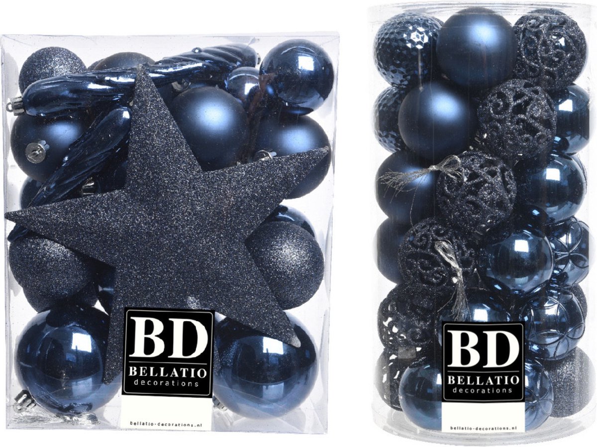 70x stuks kunststof kerstballen met ster piek donkerblauw mix - Kerstversiering/kerstboomversiering