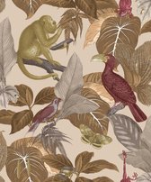 Behang met apen en tropische vogels - Behang - Muurdecoratie - Wanddecoratie - Vliesbehang - Assorti 2022-2024 - 0,53 x 10,05 M.