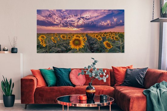 Toile - Peinture fleurs - Tournesol - Soleil - Nuages ​​- Soir - Décoration murale - Photo sur toile - Canvasdoek - 160x80 cm - Salon