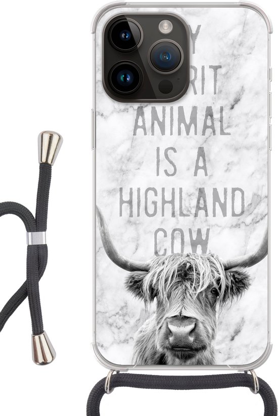 Telefoonhoesje Geschikt voor Apple Iphone 14 Pro - Schotse hooglander - Marmer print - Quote - Siliconen - Crossbody - Backcover met Koord - Telefoonhoesje met koord - Hoesje met touw Telefoonhoesje